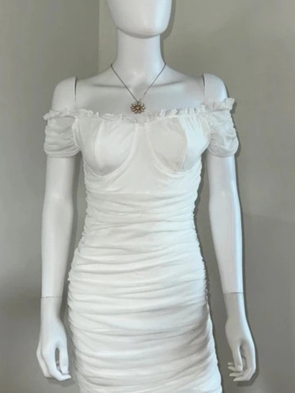 Off-Shoulder Ruched Mini Dress in White